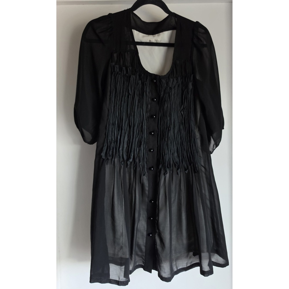 Lafer Black Midi Dress Women 3/4 Sleeve Scoop Neck Boho Pleated Top